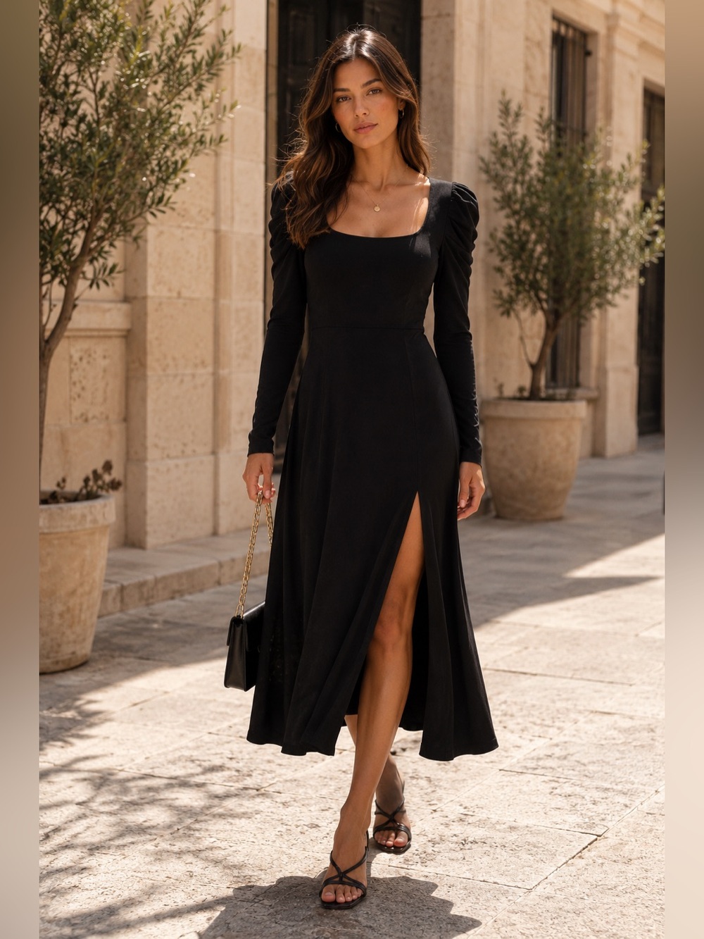 WAYF $130 Puff Long Sleeve Midi Dress Front Slit Black Square Neck Sz S Chic